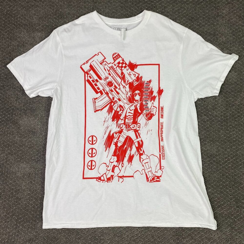 NWT Deadpool T Shirt Men's Large White Marvel Excessive Inappropriate Awesome
